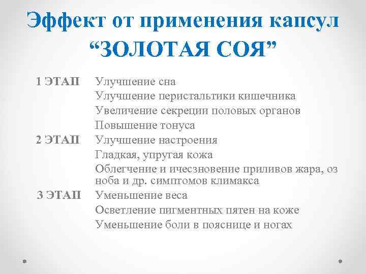 Эффект от применения капсул “ЗОЛОТАЯ СОЯ” 1 ЭТАП 2 ЭТАП 3 ЭТАП Улучшение сна