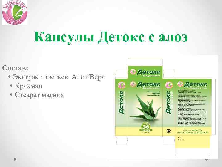 Капсулы Детокс с алоэ Состав: Экстракт листьев Алоэ Вера Крахмал Стеарат магния 