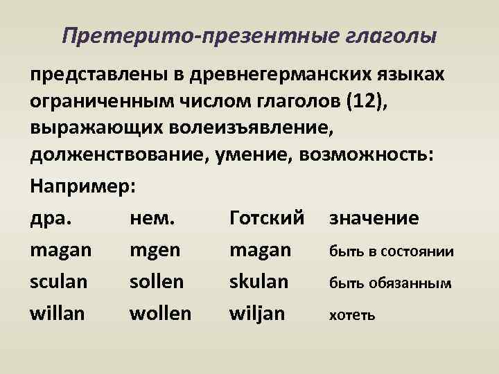 Претерито-презентные глаголы представлены в древнегерманских языках ограниченным числом глаголов (12), выражающих волеизъявление, долженствование, умение,