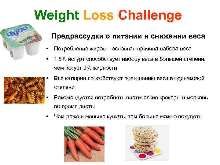 Weight Loss Challenge Предрассудки о питании и снижении веса • Потребление жиров – основная