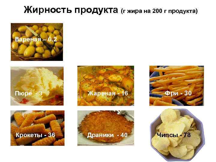 Жирность продукта (г жира на 200 г продукта) Вареная – 0. 2 Пюре -