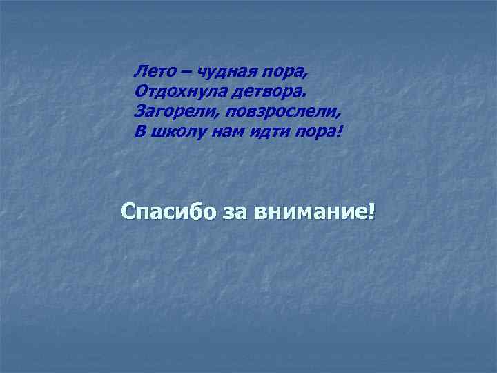 Лето – чудная пора, Отдохнула детвора. Загорели, повзрослели, В школу нам идти пора! Спасибо