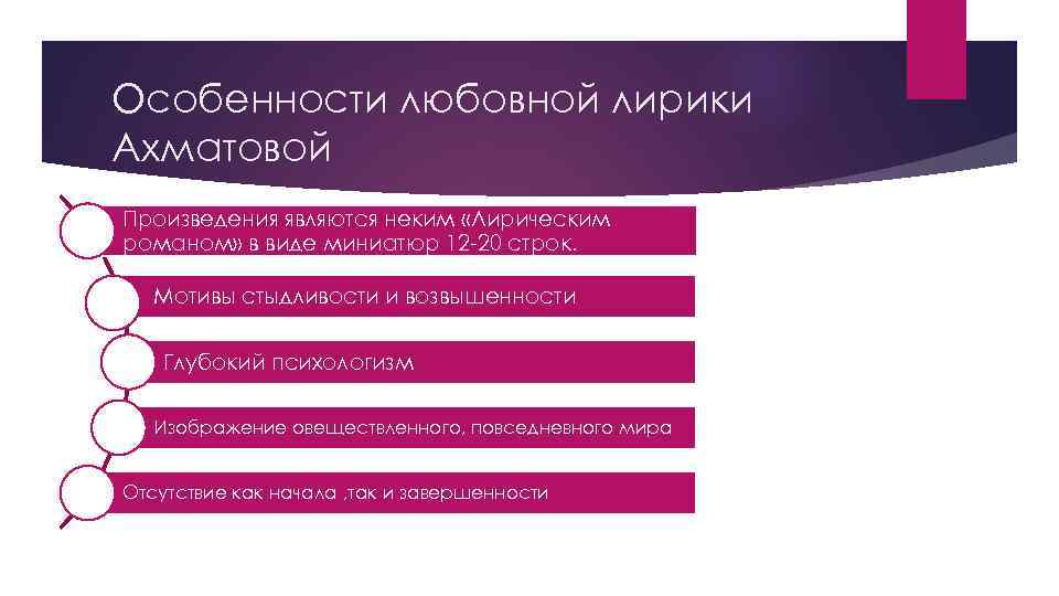 Особенности любовной лирики Ахматовой Произведения являются неким «Лирическим романом» в виде миниатюр 12 -20