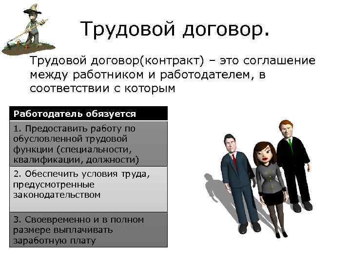 Трудовой договор(контракт) – это соглашение между работником и работодателем, в соответствии с которым Работодатель