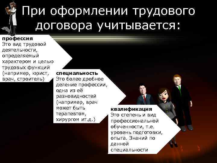 При оформлении трудового договора учитывается: профессия Это вид трудовой деятельности, определяемый характером и целью