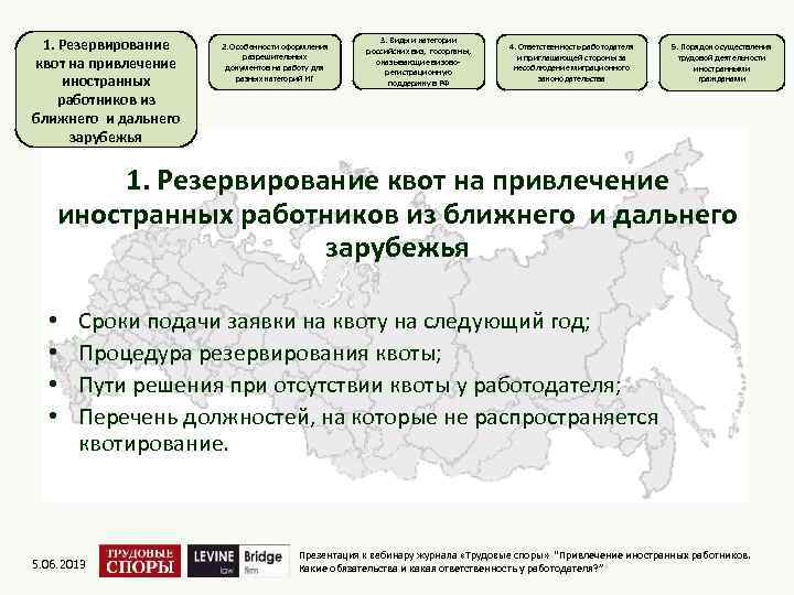 1. Резервирование квот на привлечение иностранных работников из ближнего и дальнего зарубежья 2. Особенности