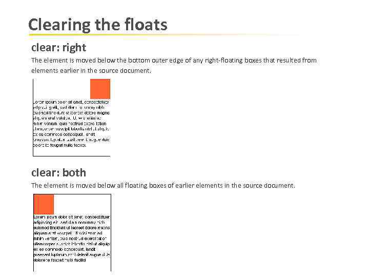 Clearing the floats clear: right The element is moved below the bottom outer edge