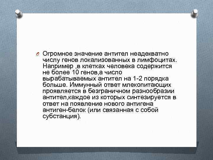 O Огромное значение антител неадекватно числу генов локализованных в лимфоцитах. Например , в клетках