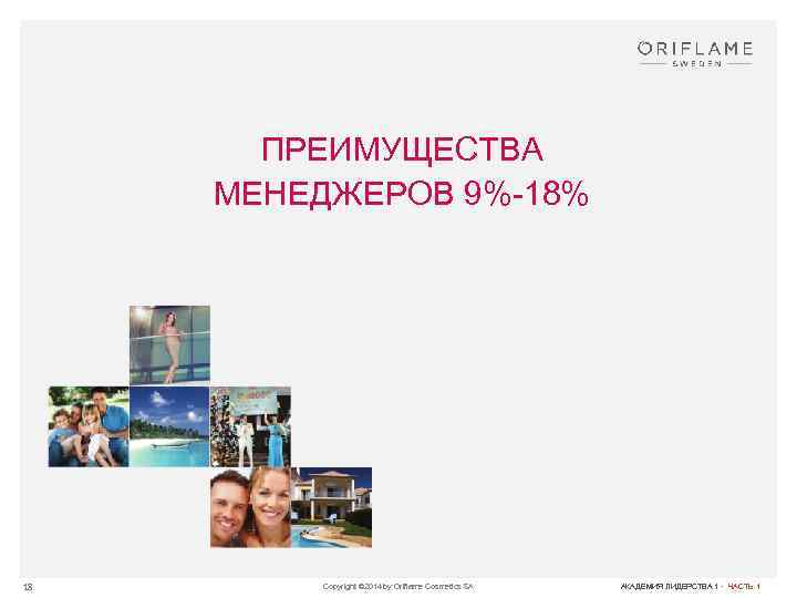 ПРЕИМУЩЕСТВА МЕНЕДЖЕРОВ 9%-18% 18 Copyright © 2014 by Oriflame Cosmetics SA АКАДЕМИЯ ЛИДЕРСТВА 1