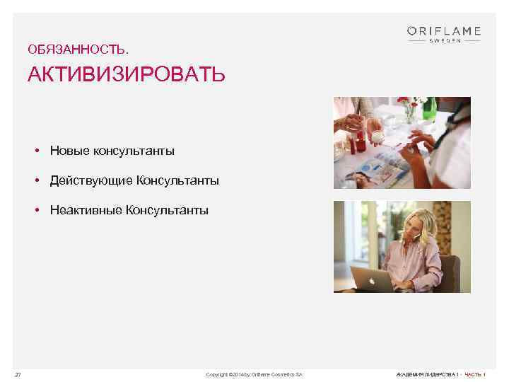 ОБЯЗАННОСТЬ. АКТИВИЗИРОВАТЬ • Новые консультанты • Действующие Консультанты • Неактивные Консультанты 37 Copyright ©