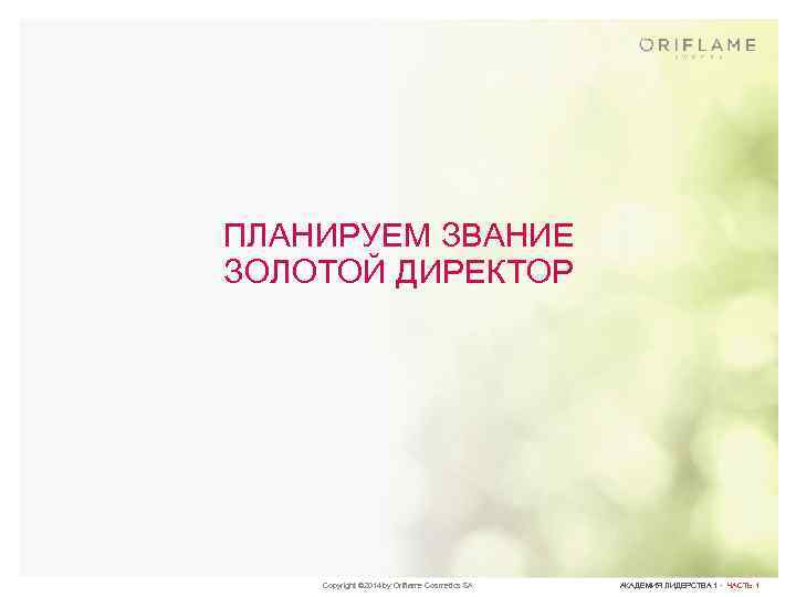 ПЛАНИРУЕМ ЗВАНИЕ ЗОЛОТОЙ ДИРЕКТОР Copyright © 2014 by Oriflame Cosmetics SA АКАДЕМИЯ ЛИДЕРСТВА 1