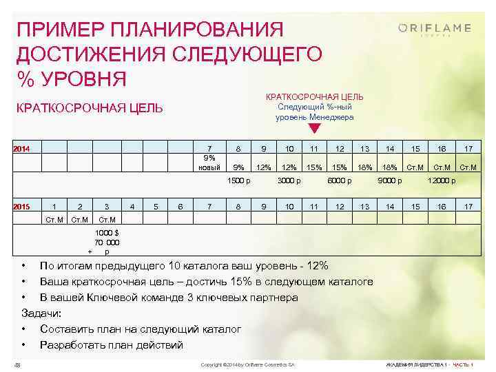 ПРИМЕР ПЛАНИРОВАНИЯ ДОСТИЖЕНИЯ СЛЕДУЮЩЕГО % УРОВНЯ КРАТКОСРОЧНАЯ ЦЕЛЬ Следующий %-ный уровень Менеджера КРАТКОСРОЧНАЯ ЦЕЛЬ