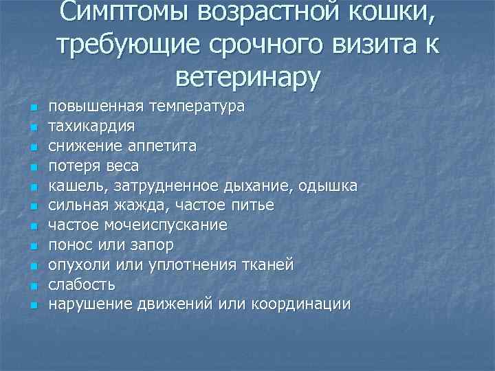 Симптомы возрастной кошки, требующие срочного визита к ветеринару n n n повышенная температура тахикардия