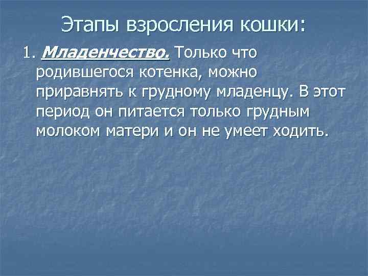 Этапы взросления кошки: 1. Младенчество. Только что родившегося котенка, можно приравнять к грудному младенцу.