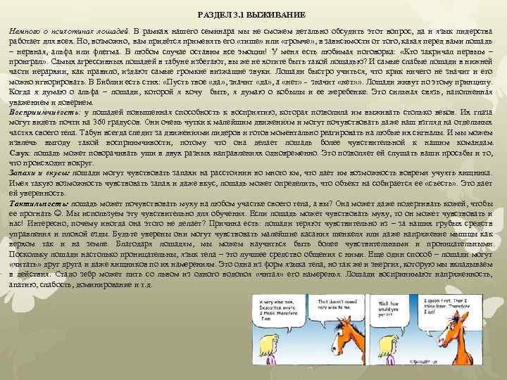 РАЗДЕЛ 3. 1 ВЫЖИВАНИЕ Немного о психотипах лошадей. В рамках нашего семинара мы не
