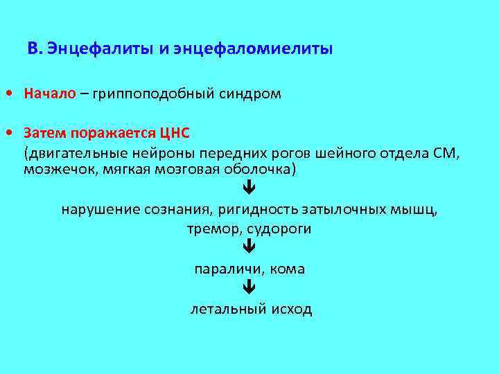  В. Энцефалиты и энцефаломиелиты • Начало – гриппоподобный синдром • Затем поражается ЦНС