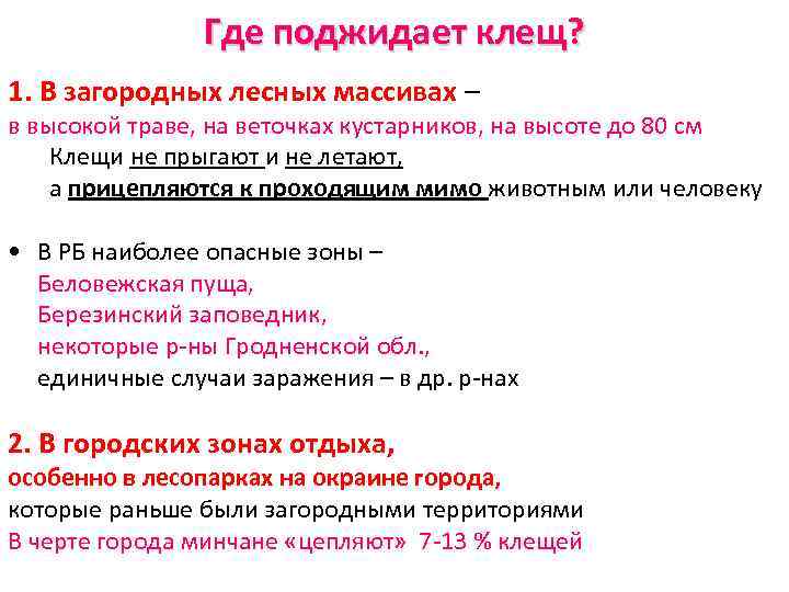 Где поджидает клещ? 1. В загородных лесных массивах – в высокой траве, на веточках