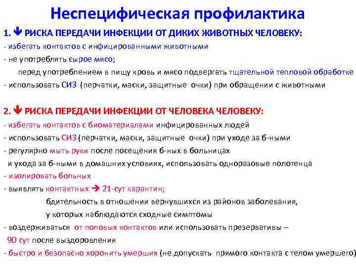 Неспецифическая профилактика 1. РИСКА ПЕРЕДАЧИ ИНФЕКЦИИ ОТ ДИКИХ ЖИВОТНЫХ ЧЕЛОВЕКУ: - избегать контактов с