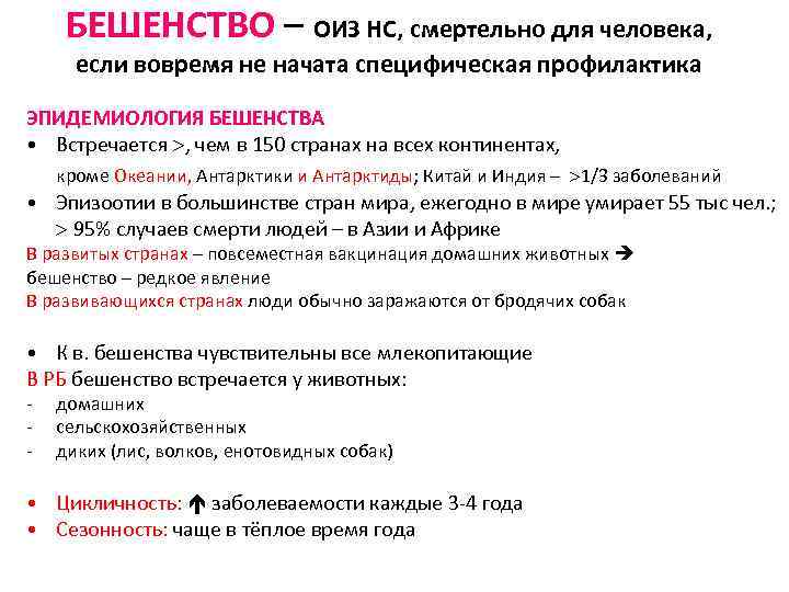 БЕШЕНСТВО – ОИЗ НС, смертельно для человека, если вовремя не начата специфическая профилактика ЭПИДЕМИОЛОГИЯ
