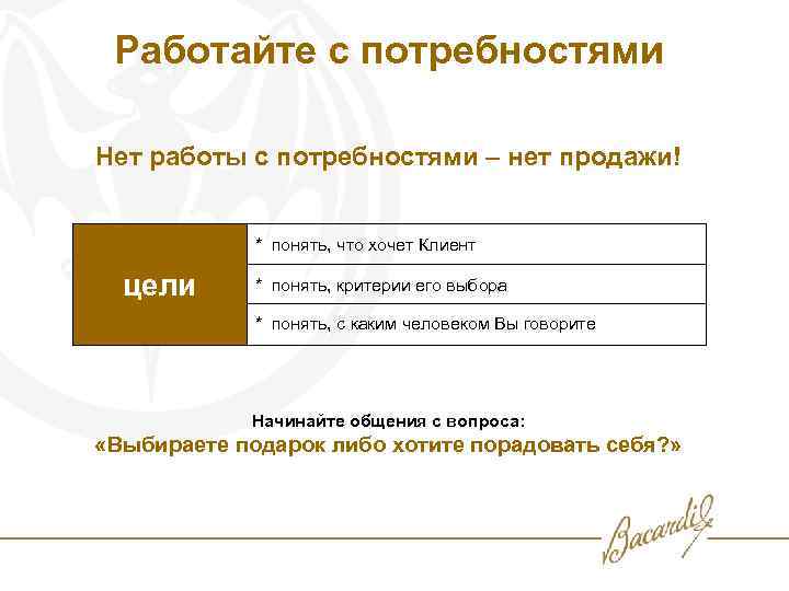 Работайте с потребностями Нет работы с потребностями – нет продажи! * понять, что хочет