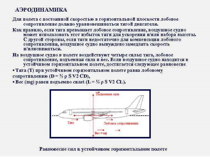 АЭРОДИНАМИКА Для полета с постоянной скоростью в горизонтальной плоскости лобовое сопротивление должно уравновешиваться тягой