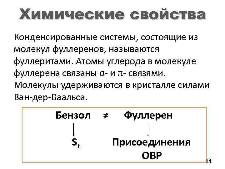 Химические свойства Конденсированные системы, состоящие из молекул фуллеренов, называются фуллеритами. Атомы углерода в молекуле