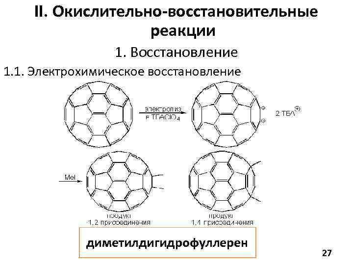 II. Окислительно-восстановительные реакции 1. Восстановление 1. 1. Электрохимическое восстановление диметилдигидрофуллерен 27 