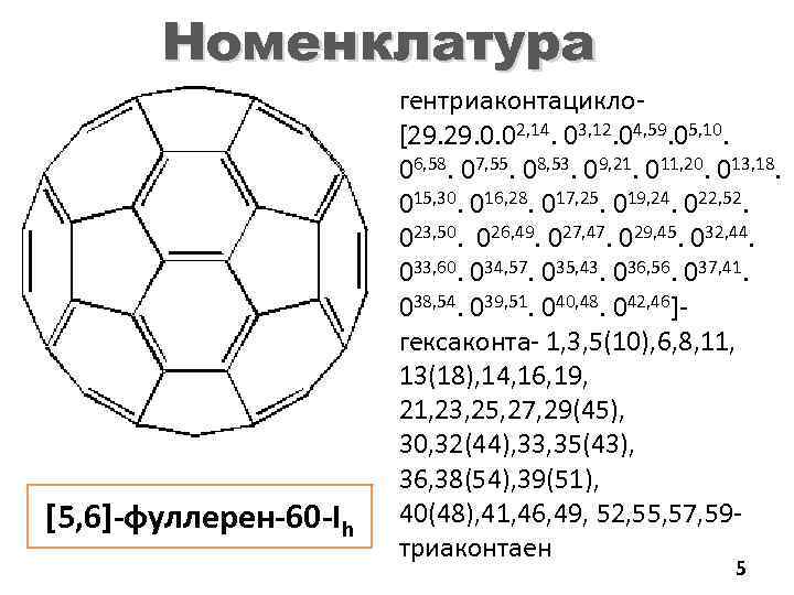 Номенклатура [5, 6]-фуллерен-60 -Ih гентриаконтацикло[29. 0. 02, 14. 03, 12. 04, 59. 05, 10.