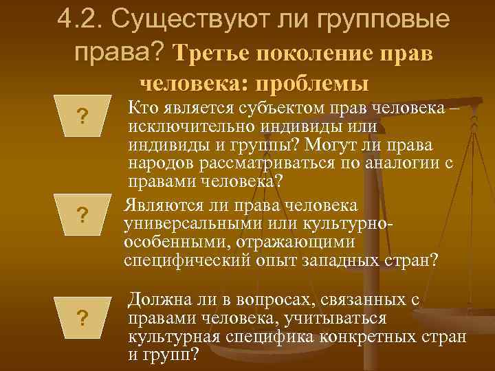 4. 2. Существуют ли групповые права? Третье поколение прав человека: проблемы ? ? ?