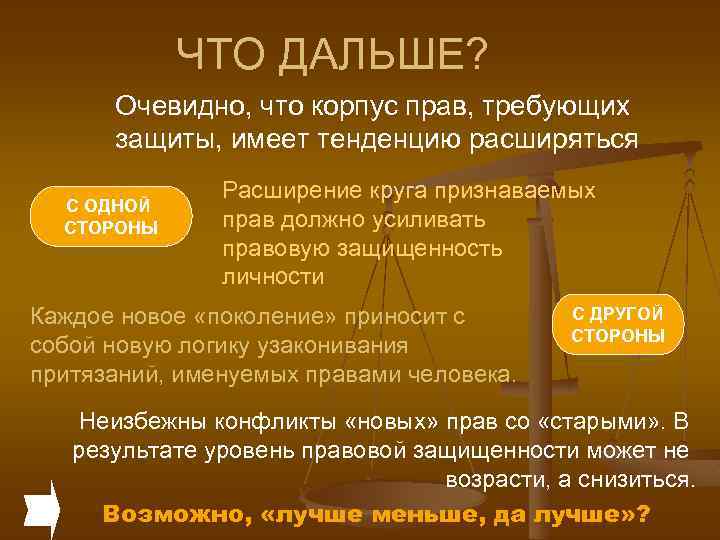 ЧТО ДАЛЬШЕ? Очевидно, что корпус прав, требующих защиты, имеет тенденцию расширяться С ОДНОЙ СТОРОНЫ