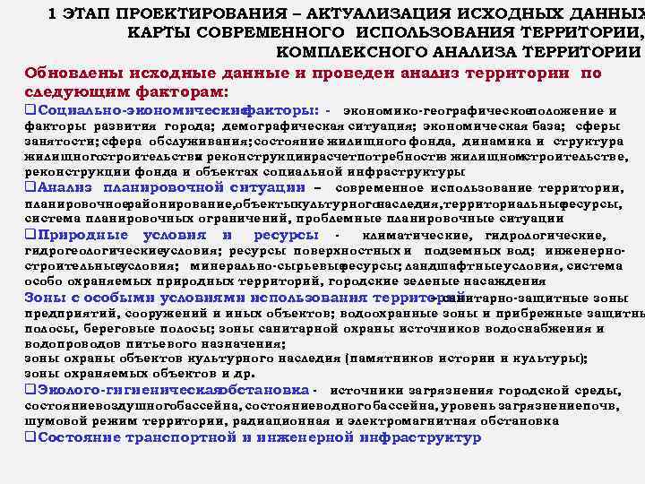 1 ЭТАП ПРОЕКТИРОВАНИЯ – АКТУАЛИЗАЦИЯ ИСХОДНЫХ ДАННЫХ КАРТЫ СОВРЕМЕННОГО ИСПОЛЬЗОВАНИЯ ТЕРРИТОРИИ, КОМПЛЕКСНОГО АНАЛИЗА ТЕРРИТОРИИ
