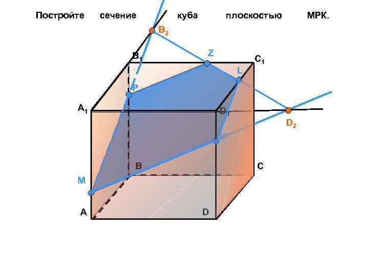 Постройте сечение куба плоскостью МРК. B 2 B 1 Z L C 1 Р
