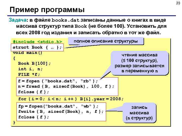 23 Пример программы Задача: в файле books. dat записаны данные о книгах в виде