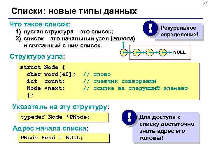 31 Списки: новые типы данных Что такое список: 1) пустая структура – это список;