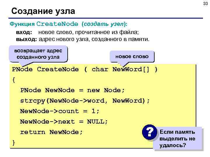 33 Создание узла Функция Create. Node (создать узел): вход: новое слово, прочитанное из файла;