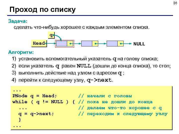 36 Проход по списку Задача: сделать что-нибудь хорошее с каждым элементом списка. q Head