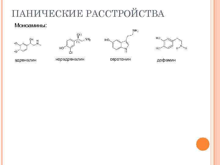 ПАНИЧЕСКИЕ РАССТРОЙСТВА Моноамины: адреналин норадреналин серотонин дофамин 