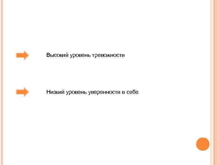 Высокий уровень тревожности Низкий уровень уверенности в себе 