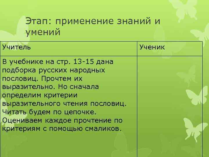 Этап: применение знаний и умений Учитель В учебнике на стр. 13 -15 дана подборка