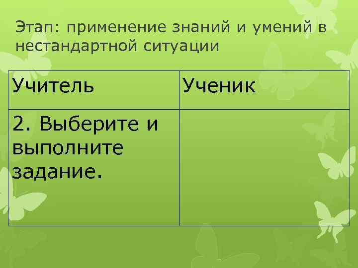 Этап: применение знаний и умений в нестандартной ситуации Учитель 2. Выберите и выполните задание.