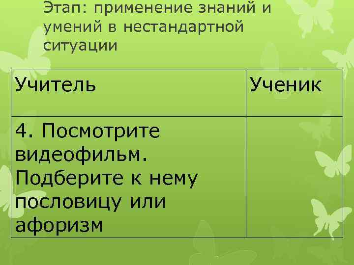 Этап: применение знаний и умений в нестандартной ситуации Учитель 4. Посмотрите видеофильм. Подберите к