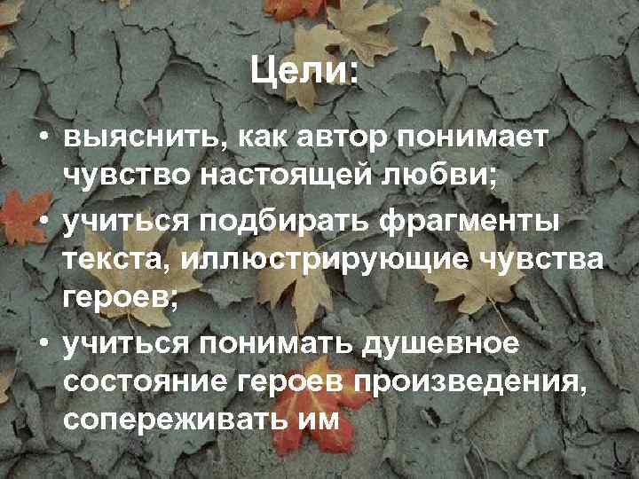 Цели: • выяснить, как автор понимает чувство настоящей любви; • учиться подбирать фрагменты текста,