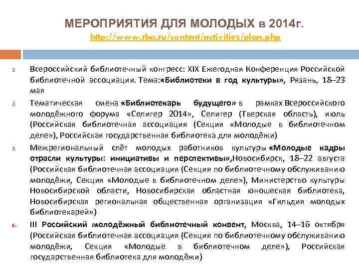 МЕРОПРИЯТИЯ ДЛЯ МОЛОДЫХ в 2014 г. http: //www. rba. ru/content/activities/plan. php 1. 2. 3.