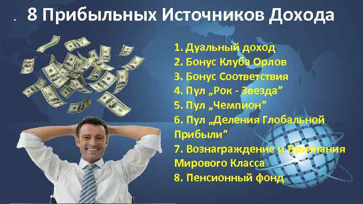 . 8 Прибыльных Источников Дохода 1. Дуальный доход 2. Бонус Клуба Орлов 3. Бонус