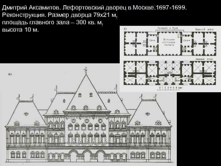 Дмитрий Аксамитов. Лефортовский дворец в Москве. 1697 -1699. Реконструкция. Размер дворца 79 х21 м,