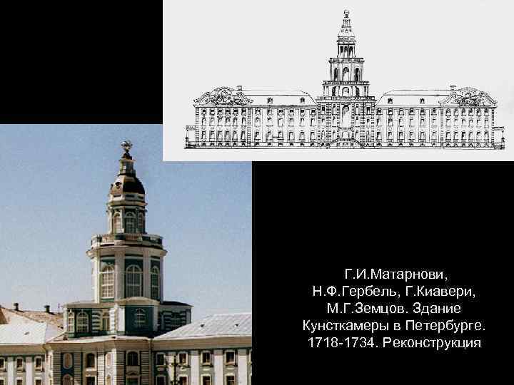 Г. И. Матарнови, Н. Ф. Гербель, Г. Киавери, М. Г. Земцов. Здание Кунсткамеры в