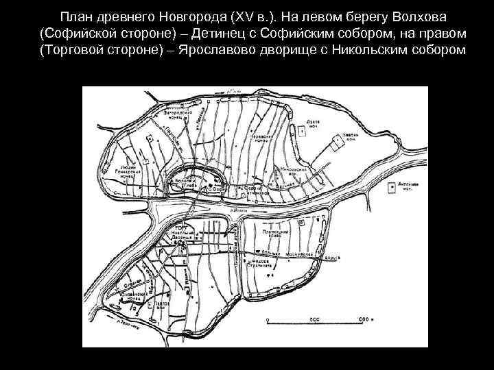 План древнего Новгорода (XV в. ). На левом берегу Волхова (Софийской стороне) – Детинец