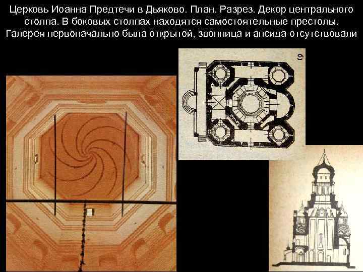 Церковь Иоанна Предтечи в Дьяково. План. Разрез. Декор центрального столпа. В боковых столпах находятся