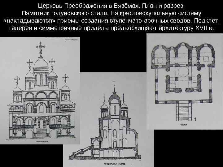 Церковь Преображения в Вязёмах. План и разрез. Памятник годуновского стиля. На крестовокупольную систему «накладываются»