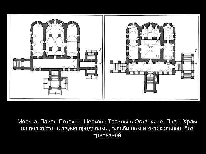 Москва. Павел Потехин. Церковь Троицы в Останкине. План. Храм на подклете, с двумя приделами,